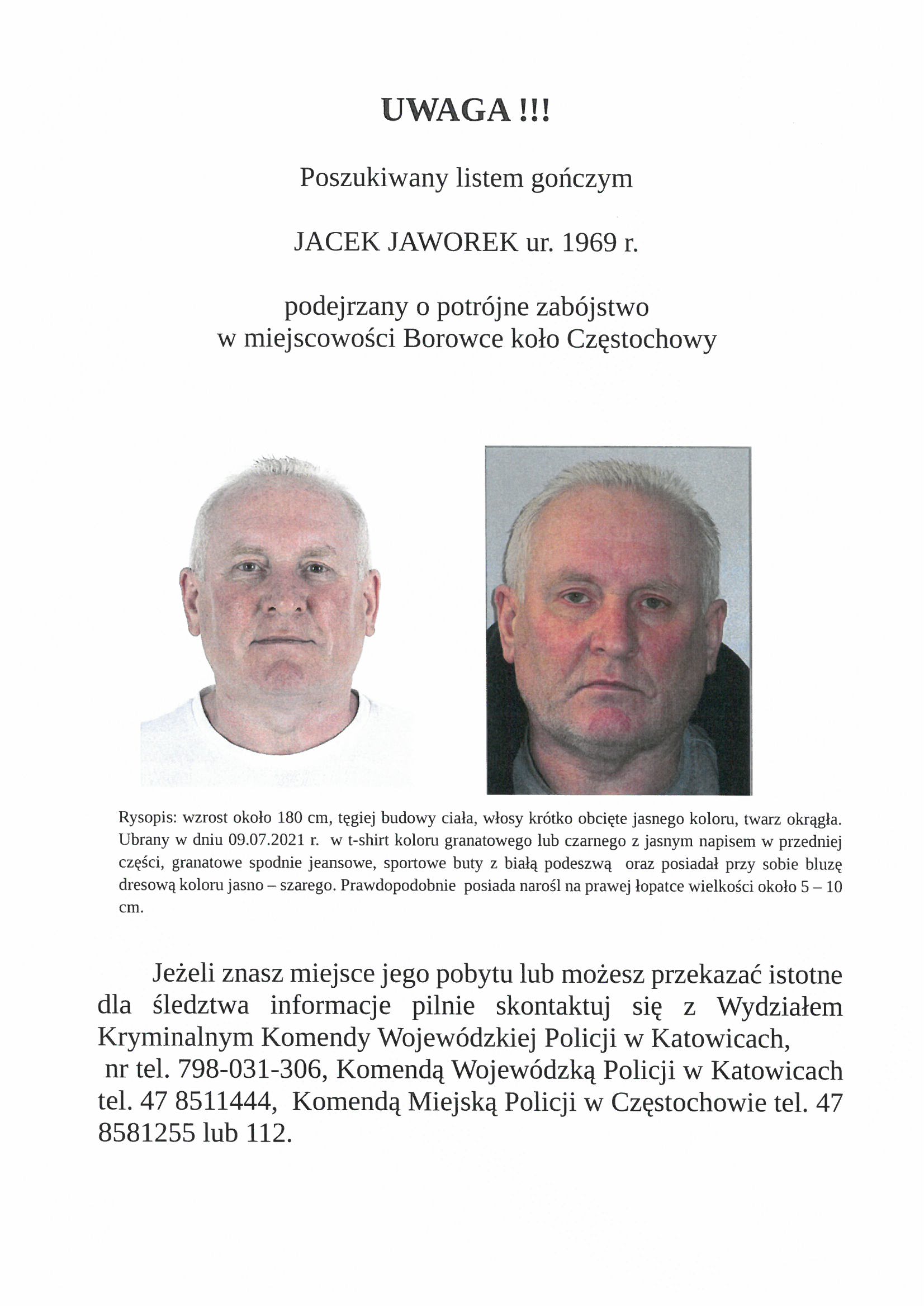 List gończy przedstawiający około piędziesięcioletniego mężczyznę o okrągłej twarzy, krótkko obciętych włosach jasnego koloru.