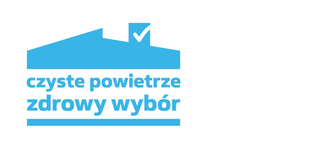 Logotyp projektu Czyste Powietrze zawierający napis "czyste powietrze zdrowy  wybór" wpisany w błękitny obrys budynku.