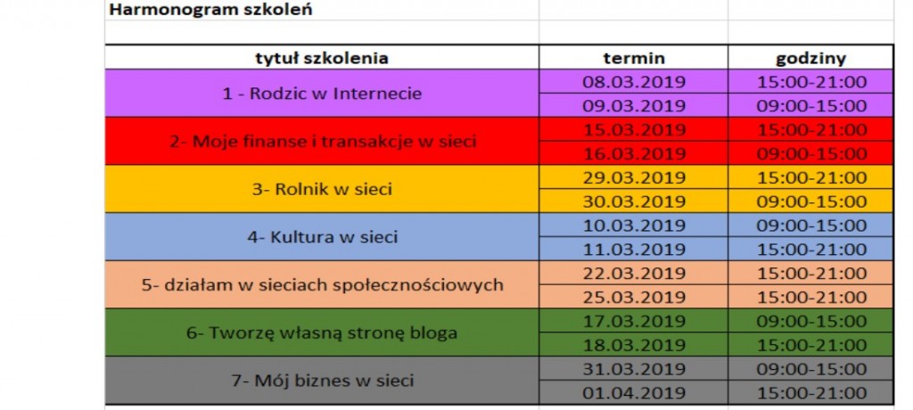 harmonogram szkoleń Ja w internecie