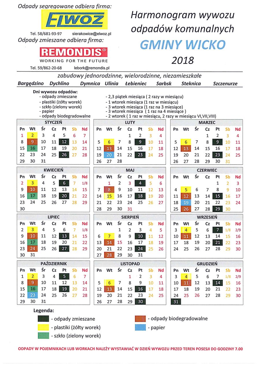 Harmonogram odbioru odpadów komunalnych - Bargędzino, Dychlino, Dymnica, Ulinia, Łebieniec, Sarbsk, Steknica, Szczenurze