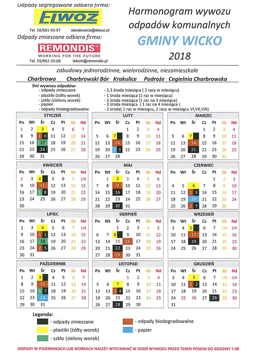 Harmonogram odbioru odpadów komunalnych - Charbrowo, Charbrowski Bór, Krakulice, Podroże, Cegielnia Charbrowska