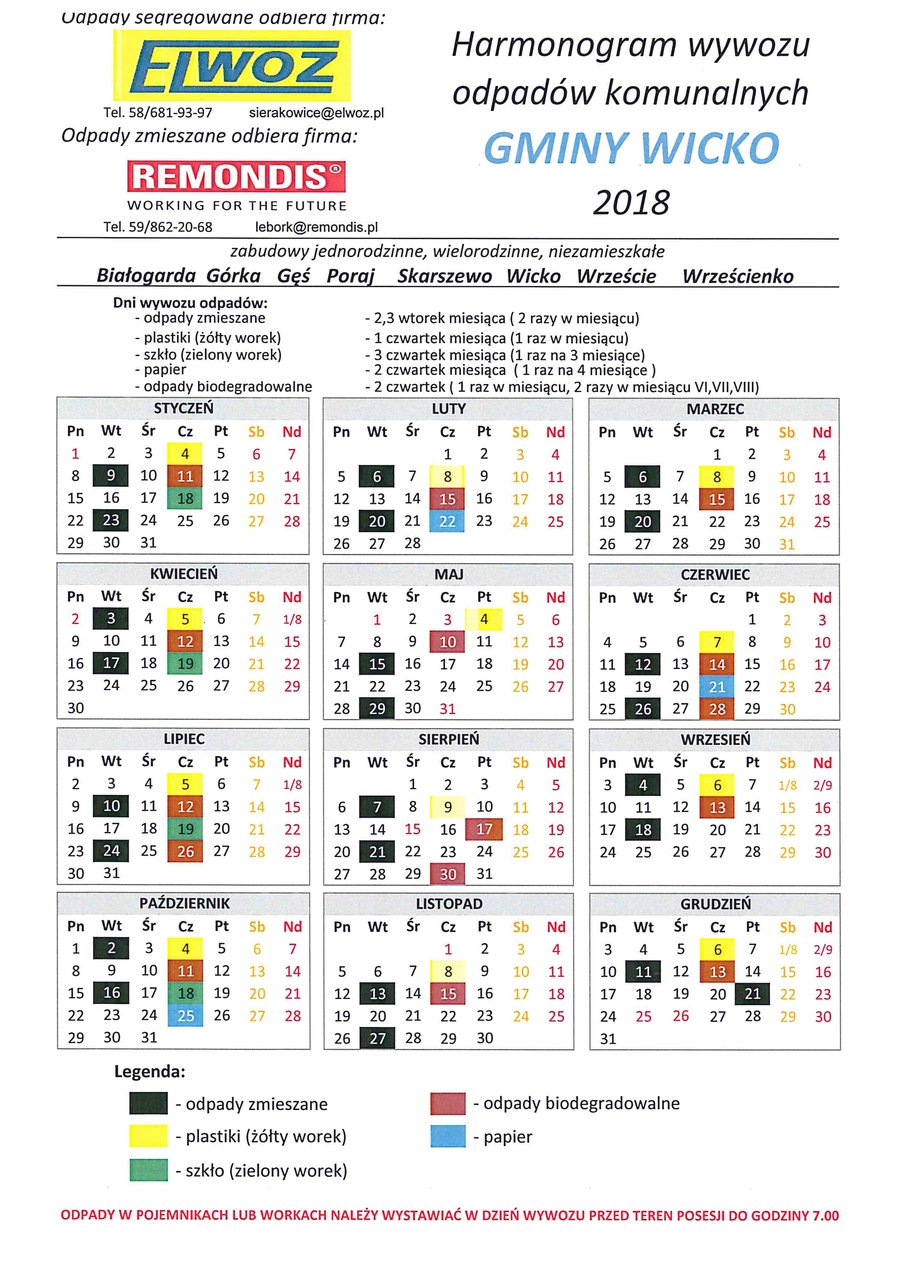 Harmonogram odbioru odpadów komunalnych - Białogarda, Górka, Gęś, Poraj, Skarszewo, Wicko, Wrzeście,Wrześcienko