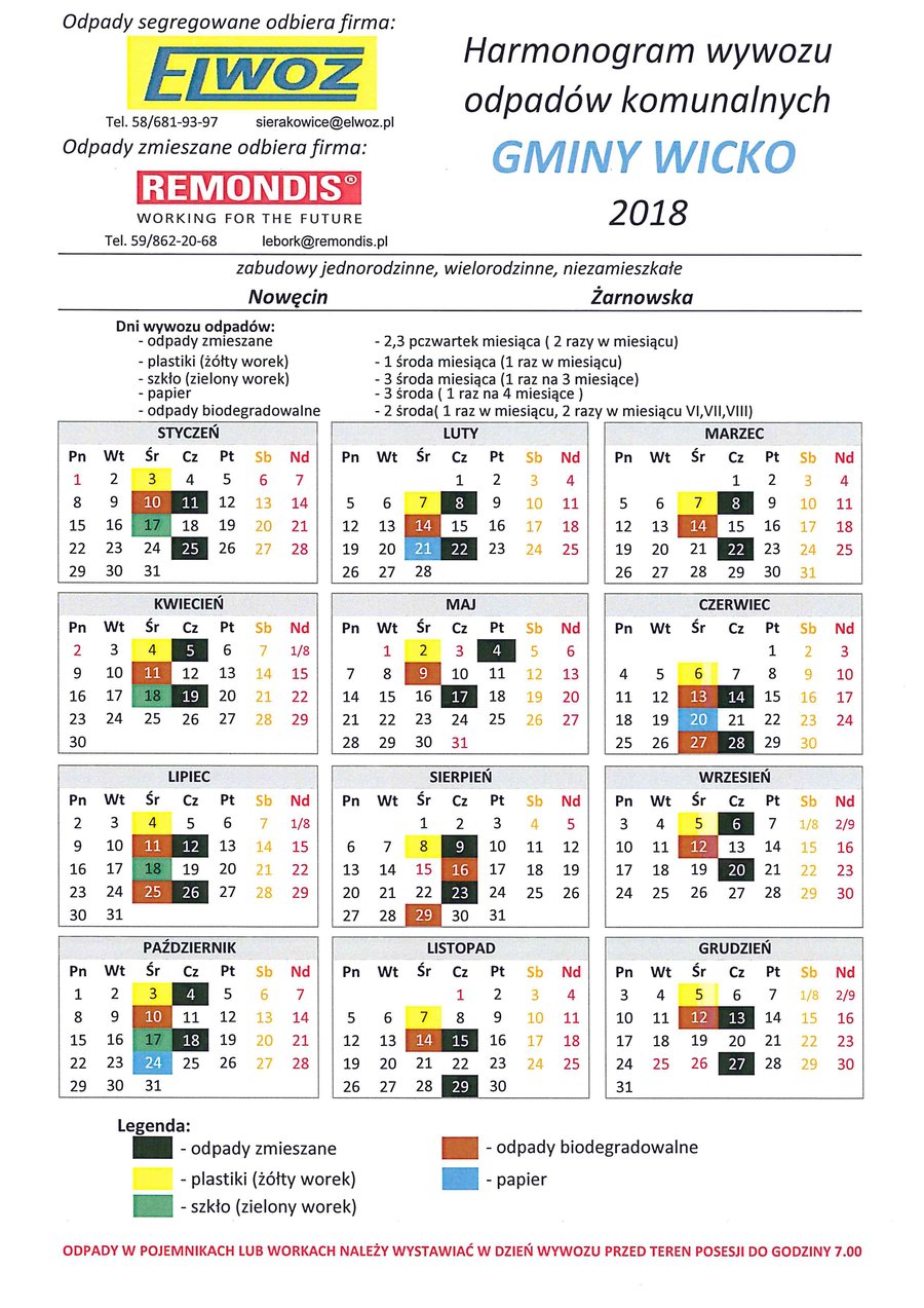 Harmonogram odbioru odpadów komunalnych - Nowęcin, Żarnowska