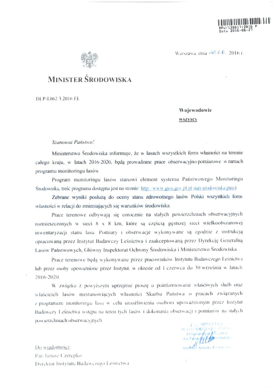 Komunikat Ministerstwa Środowiska z dnia 20 czerwca 2016r. w sprawie Programu monitoringu lasów - treść powyżej