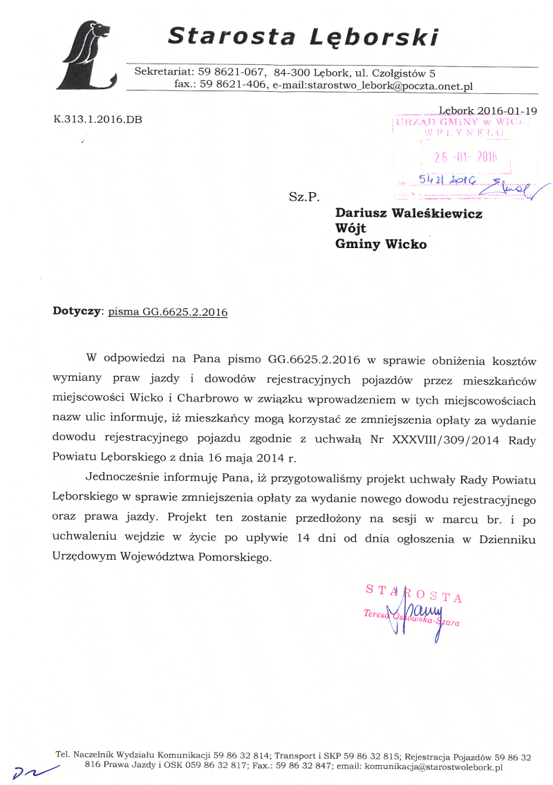 Skan pisma Starosty Lęborskiego z 2016.01.19 w sprawie praw jazdy i dowodów rejestracyjnych dla mieszkańców Wicka i Charbrowa.