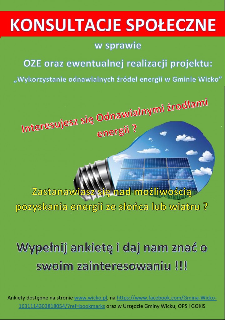 Plakat dotyczący konsultacji społecznych w sprawie energii odnawialnej.