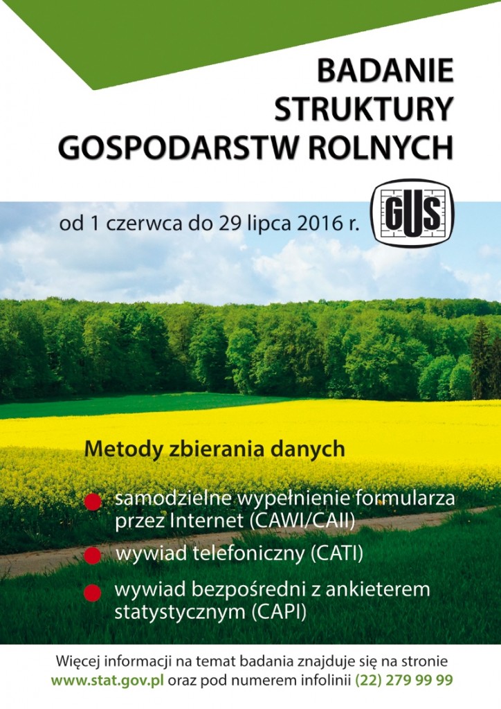 Plakat dotyczący badania struktury gospodarstw rolnych, zawiera skrót informacji umieszczonych powyżej.