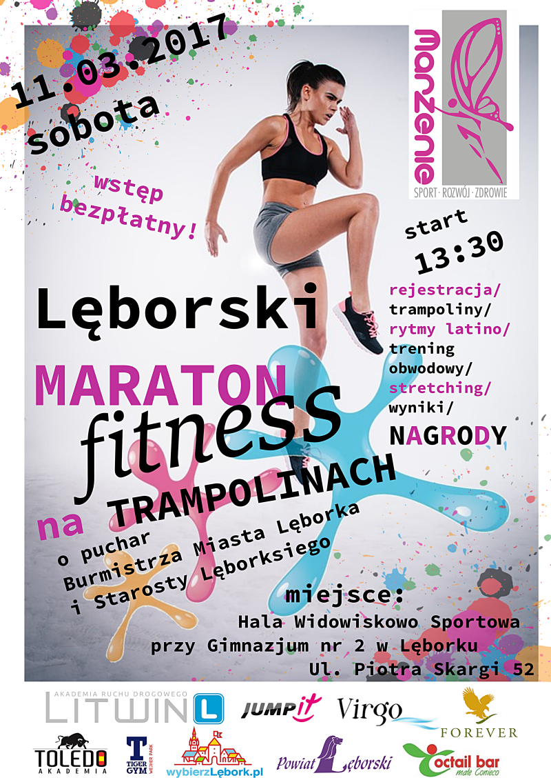 Plakat Lęborskiego Maratonu Fitness na Trampolinach – zawiera informacje zamieszczone powyżej oraz logotypy sponsorów i patronów