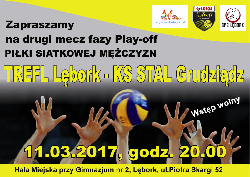Plakat dotyczący meczu piłki siatkowej mężczyzn TREFL Lębork - KS STAL Grudziądz – zawiera powyższe informacje.