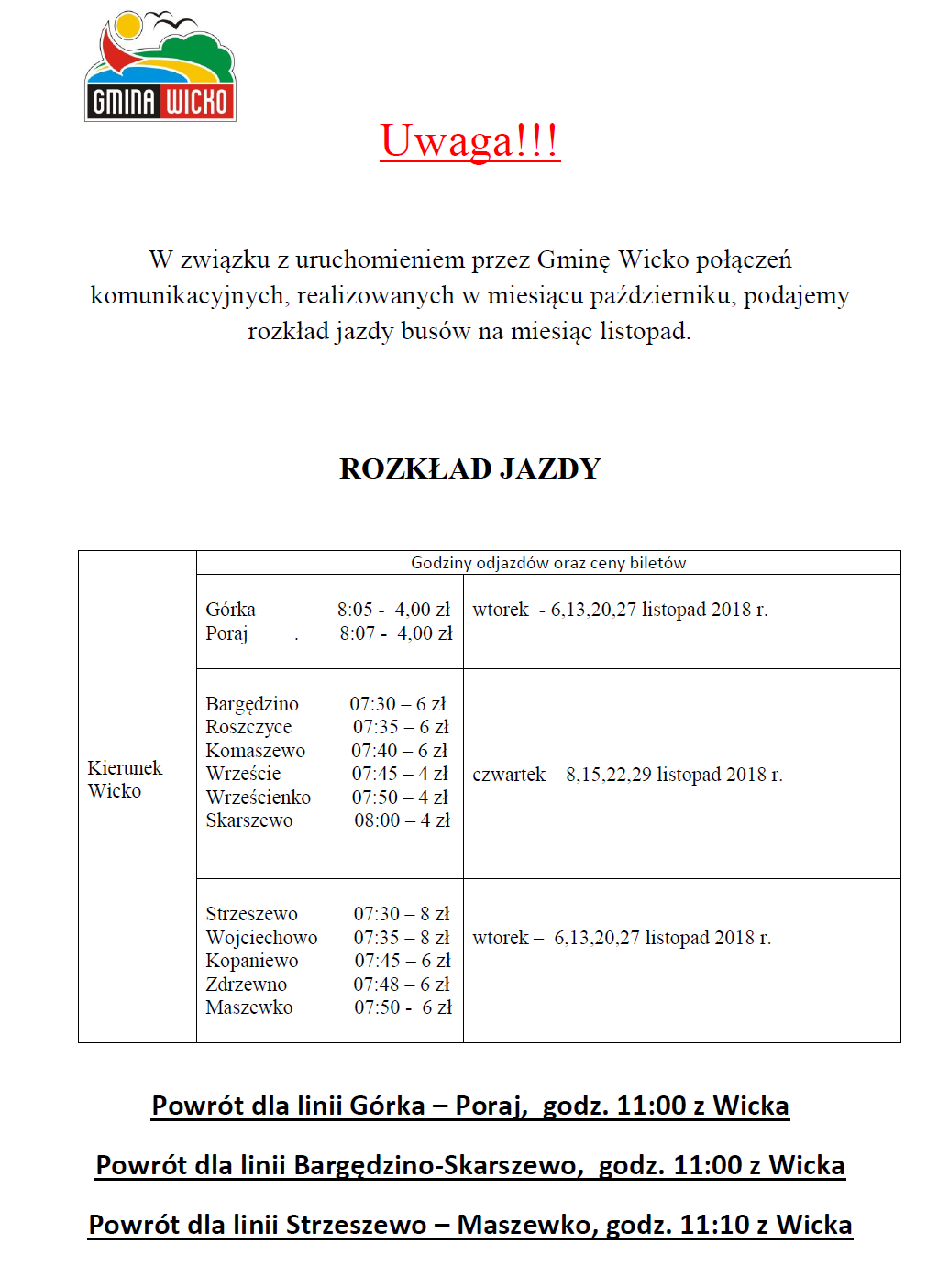 Rozkłąd jazdy listopad