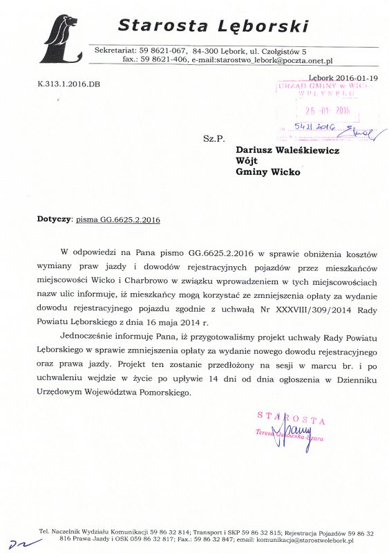 Grafika #0: Informacja w sprawie zmniejszenia opłaty za wydanie nowego dowodu rejestracyjnego oraz prawa jazdy dla mieszkańców Wicka i Charbrowa.