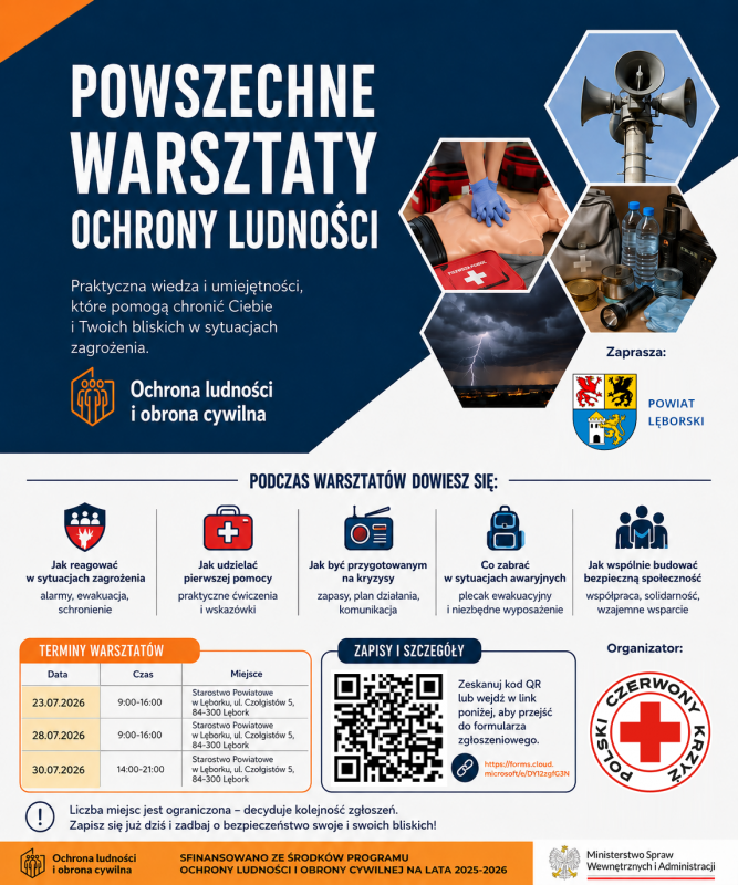 Grafika 1: Bezpłatne Warsztaty Ochrony Ludności w Starostwie Powiatowym w Lęborku.