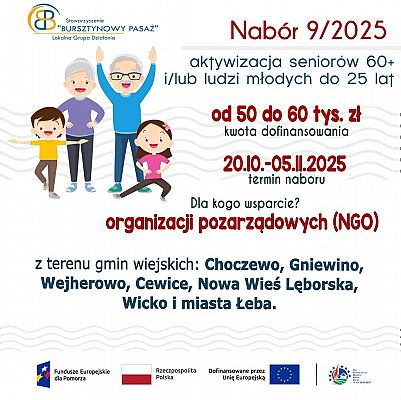 Grafika 2: „Bursztynowy Pasaż” ogłasza jesienne nabory 2025 – wsparcie na start i rozwój działalności gospodarczych oraz działania aktywizacyjne dla seniorów i osób młodych!