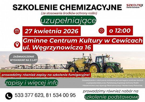 Grafika 1: 27 kwietnia szkolenie chemizacyjne uzupełniające (ze stosowania środków ochrony roślin)